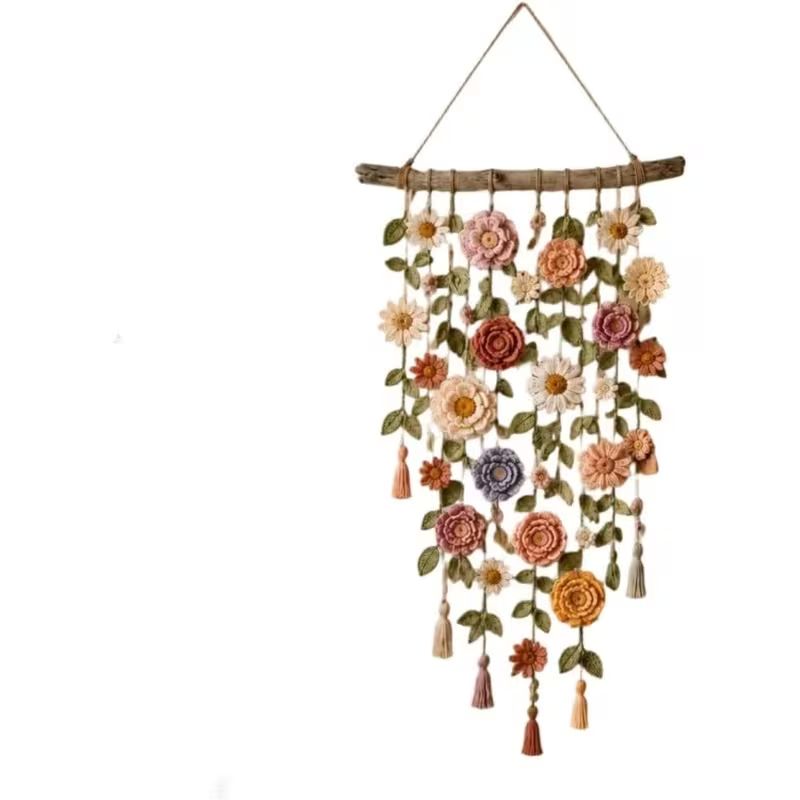 Handmade Boho Floral Macrame Wall Hanging, Dried Flower Tassel Wall Art, Bohemian Home Decor Gift for Bedroom Living Room