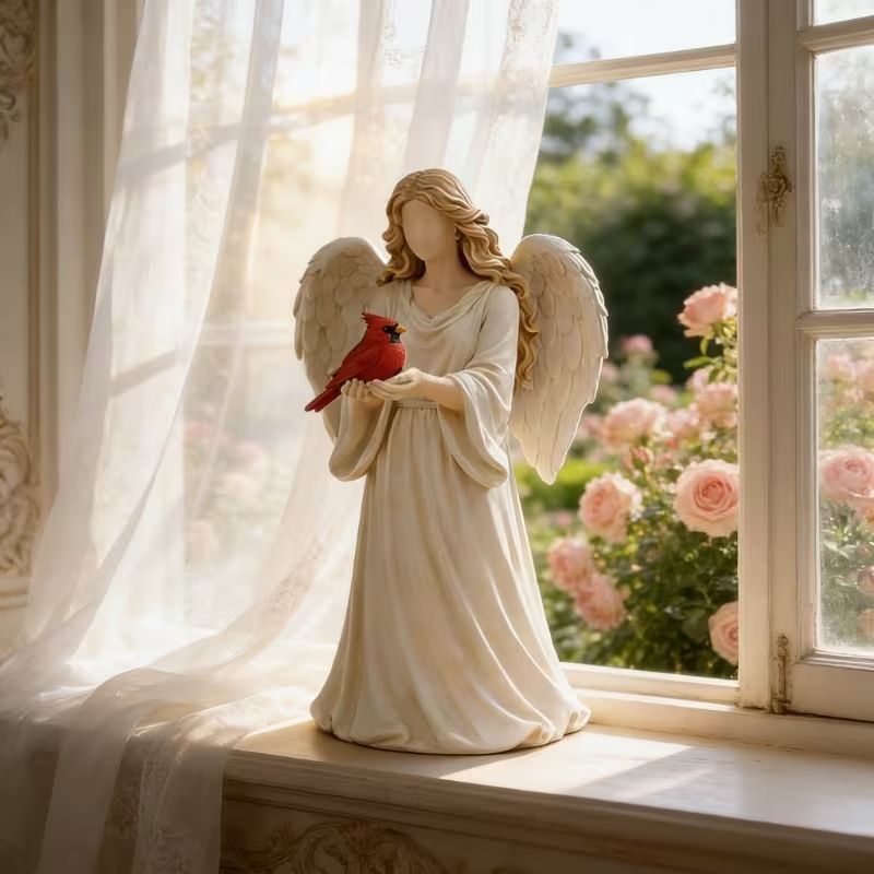 Angel Holding Cardinal Bird Resin Figurine, Memorial Angel Statue Home Bedroom Desktop Decor Ornament Gift