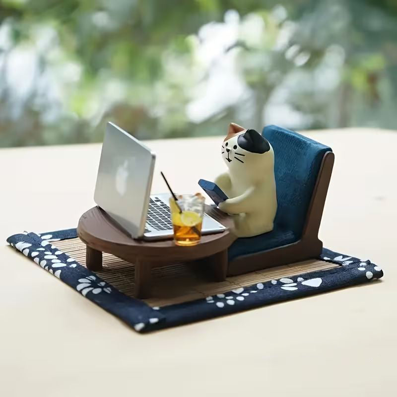Mini Working Cat Figurine Set, Resin Cat Desk Decor with Laptop Table Chair Mat