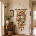 Handmade Boho Floral Macrame Wall Hanging, Dried Flower Tassel Wall Art, Bohemian Home Decor Gift for Bedroom Living Room