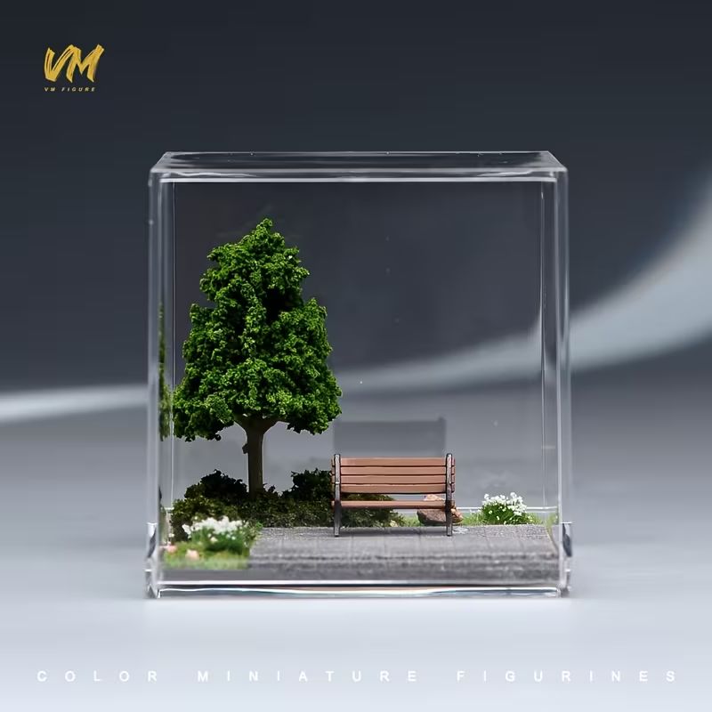Miniature Park Scene Diorama in Acrylic Display Box, Handmade Micro Landscape Ornament, Desktop Decor Unique Gift for Him Her