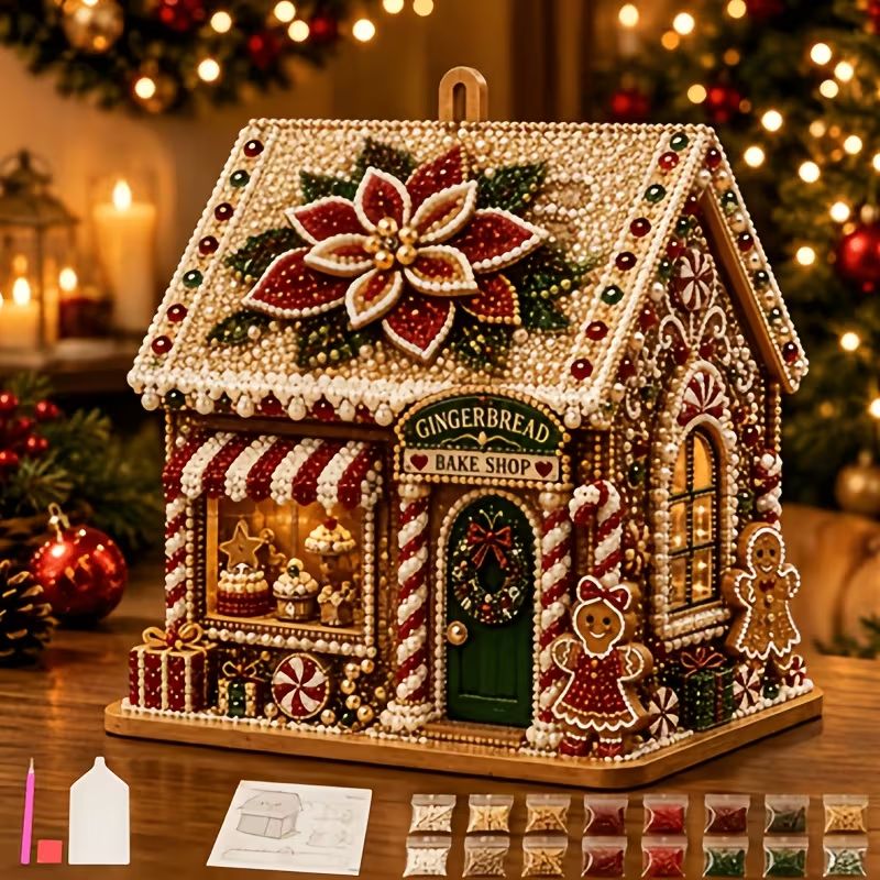 3D Christmas Diamond Painting House Kit, Santa Hot Cocoa Bar DIY Wooden Craft Kit, Tabletop Christmas Decor Ornament Gift