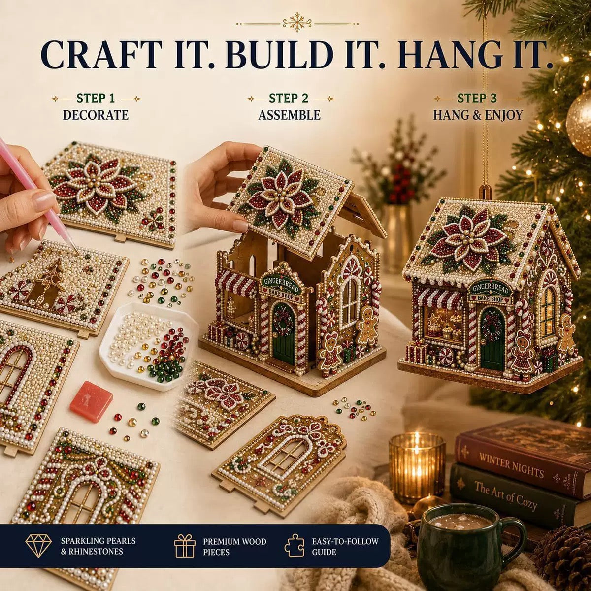3D Christmas Diamond Painting House Kit, Santa Hot Cocoa Bar DIY Wooden Craft Kit, Tabletop Christmas Decor Ornament Gift