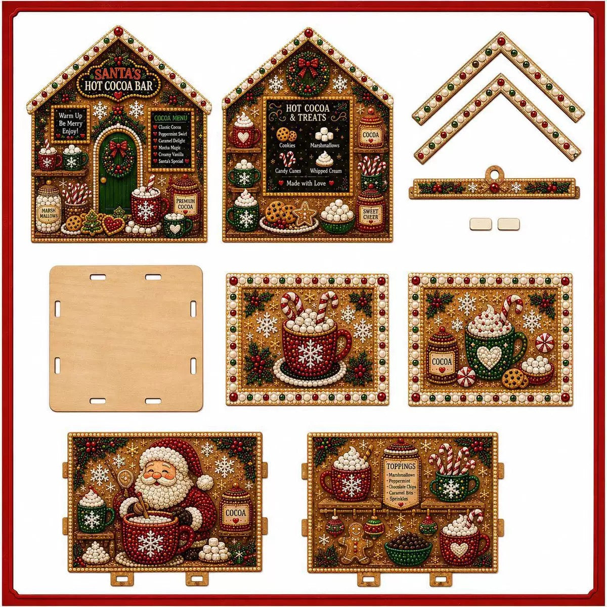 3D Christmas Diamond Painting House Kit, Santa Hot Cocoa Bar DIY Wooden Craft Kit, Tabletop Christmas Decor Ornament Gift