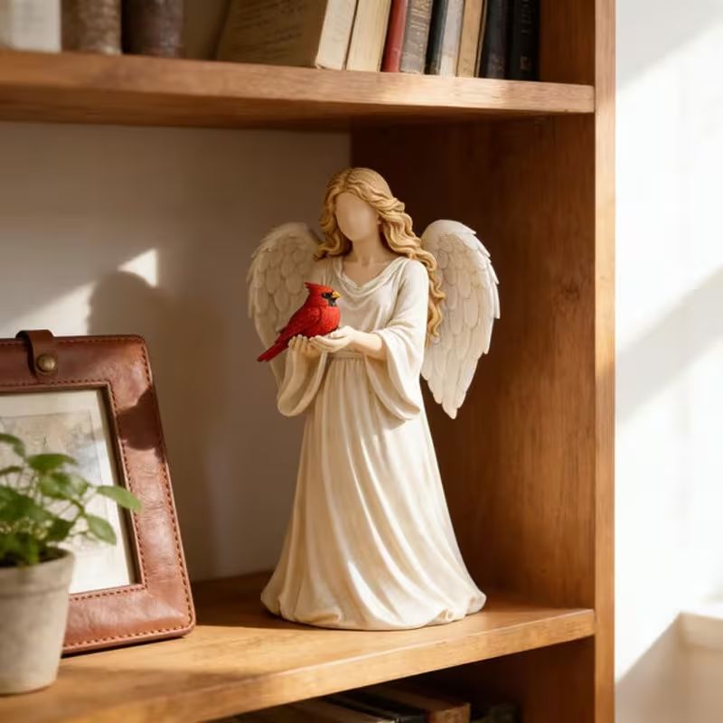 Angel Holding Cardinal Bird Resin Figurine, Memorial Angel Statue Home Bedroom Desktop Decor Ornament Gift