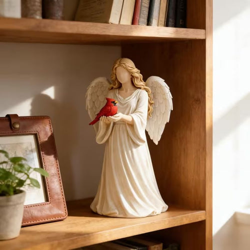 Angel Holding Cardinal Bird Resin Figurine, Memorial Angel Statue Home Bedroom Desktop Decor Ornament Gift