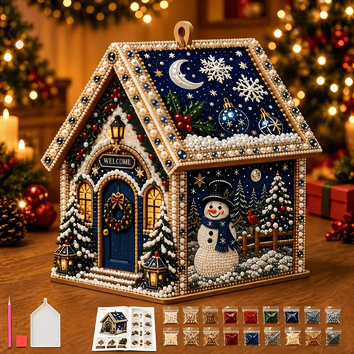 3D Christmas Diamond Painting House Kit, Santa Hot Cocoa Bar DIY Wooden Craft Kit, Tabletop Christmas Decor Ornament Gift