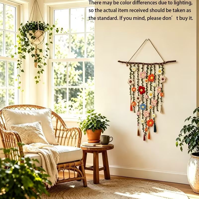 Handmade Boho Floral Macrame Wall Hanging, Dried Flower Tassel Wall Art, Bohemian Home Decor Gift for Bedroom Living Room