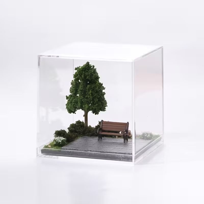 Miniature Park Scene Diorama in Acrylic Display Box, Handmade Micro Landscape Ornament, Desktop Decor Unique Gift for Him Her