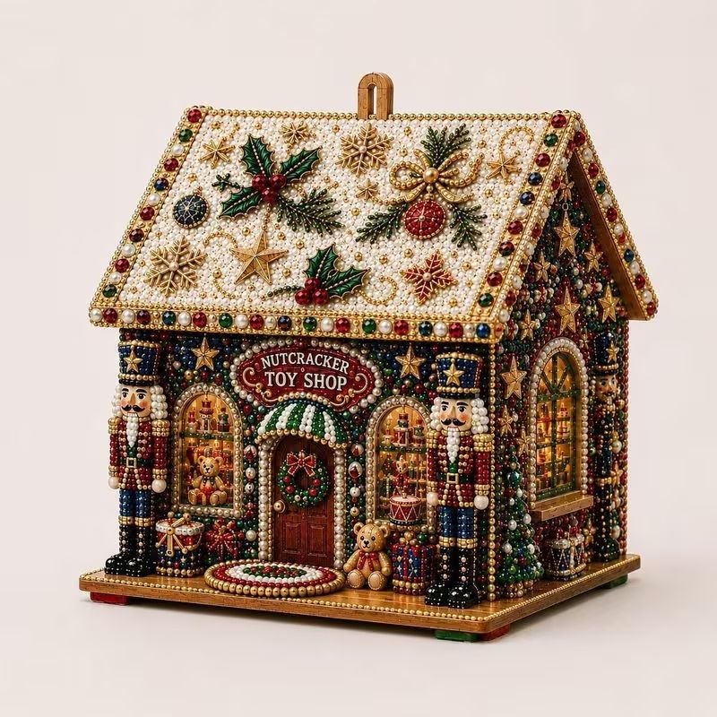 3D Christmas Diamond Painting House Kit, Santa Hot Cocoa Bar DIY Wooden Craft Kit, Tabletop Christmas Decor Ornament Gift