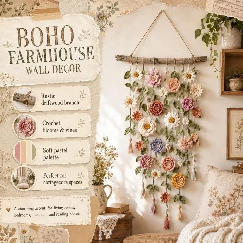 Handmade Boho Floral Macrame Wall Hanging, Dried Flower Tassel Wall Art, Bohemian Home Decor Gift for Bedroom Living Room