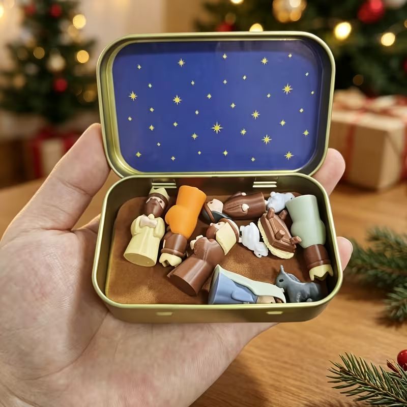 Christmas Nativity Scene Tin Box Ornament, Mini Jesus Birth Figurine Set, Holiday Tabletop Decor, Religious Christmas Gift