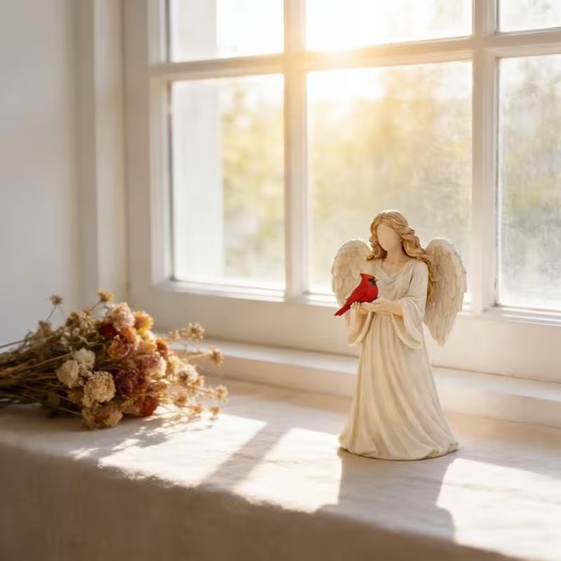 Angel Holding Cardinal Bird Resin Figurine, Memorial Angel Statue Home Bedroom Desktop Decor Ornament Gift