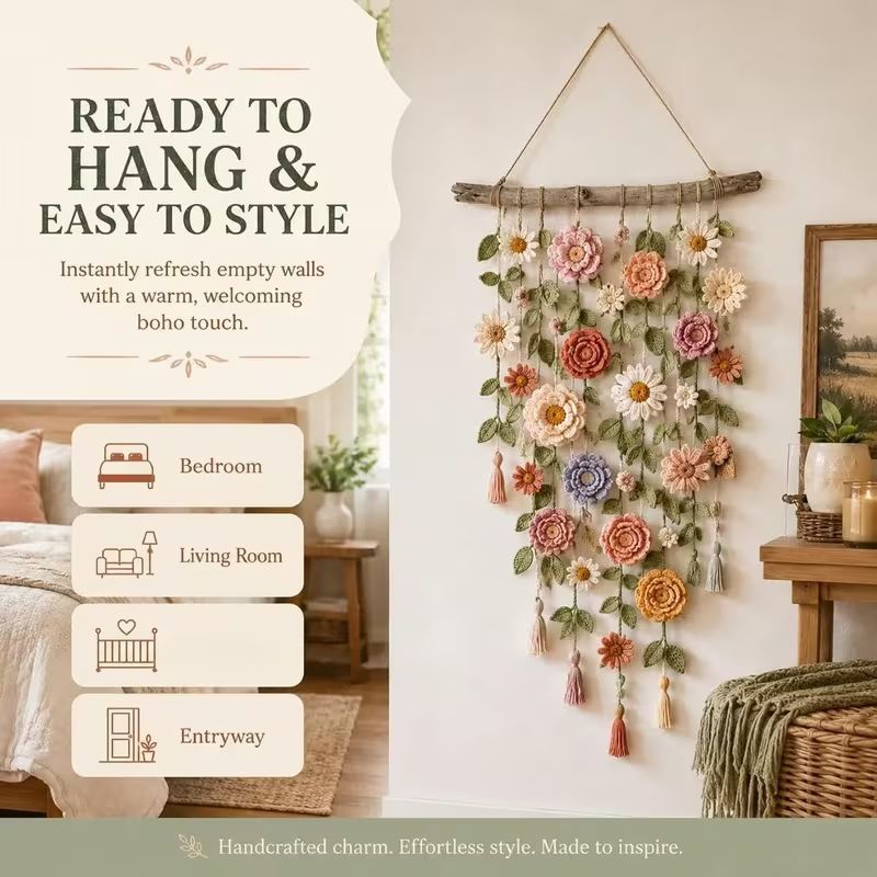 Handmade Boho Floral Macrame Wall Hanging, Dried Flower Tassel Wall Art, Bohemian Home Decor Gift for Bedroom Living Room