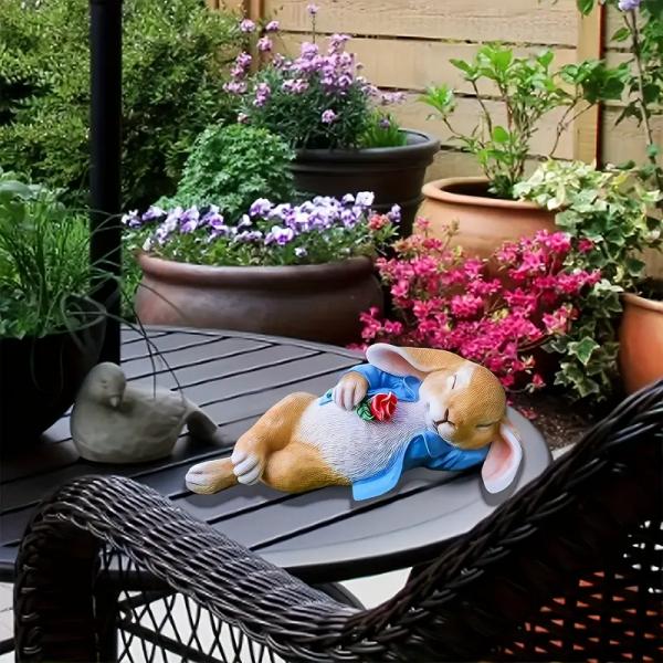 Resin Sleeping Rabbit Garden Statue, Lying Bunny Figurine with Red Rose, Outdoor Yard Lawn Patio Ornament, Home Tabletop Decor Gift