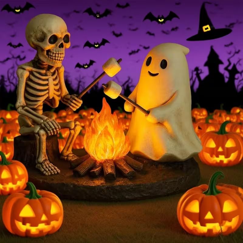 Skeleton Ghost Campfire LED Light Resin Tabletop Decor Figurine