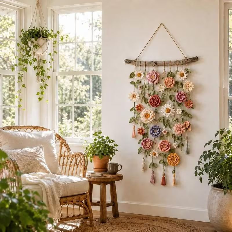Handmade Boho Floral Macrame Wall Hanging, Dried Flower Tassel Wall Art, Bohemian Home Decor Gift for Bedroom Living Room