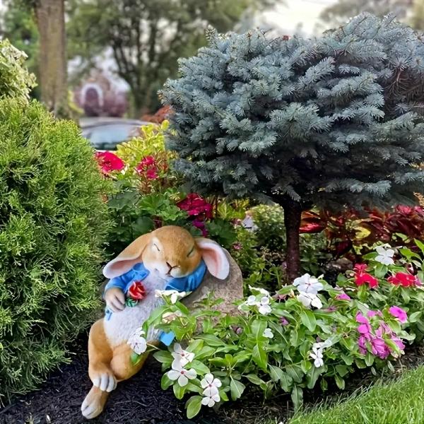 Resin Sleeping Rabbit Garden Statue, Lying Bunny Figurine with Red Rose, Outdoor Yard Lawn Patio Ornament, Home Tabletop Decor Gift