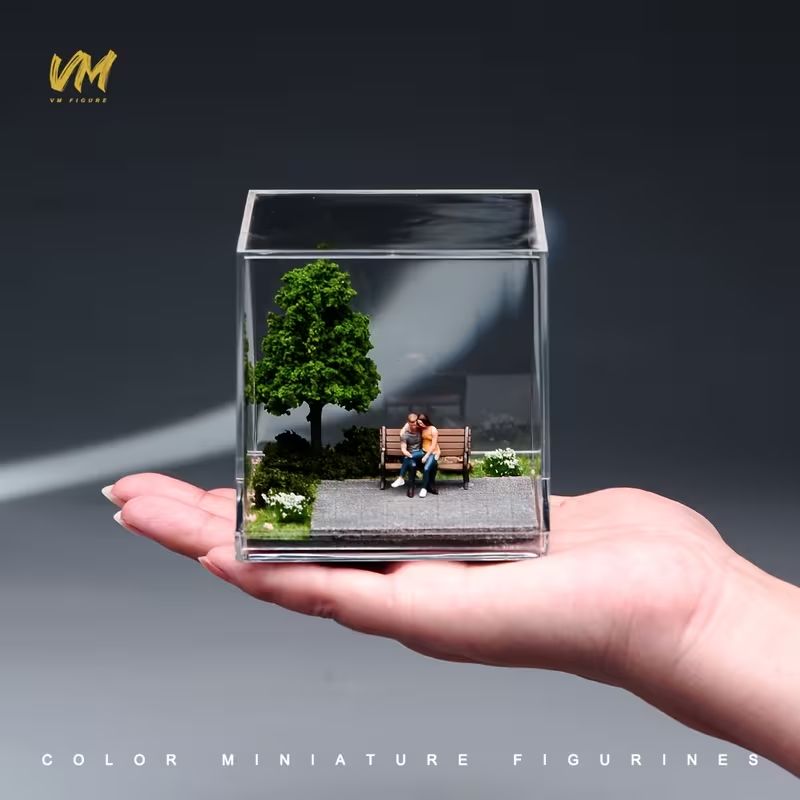 Miniature Park Scene Diorama in Acrylic Display Box, Handmade Micro Landscape Ornament, Desktop Decor Unique Gift for Him Her