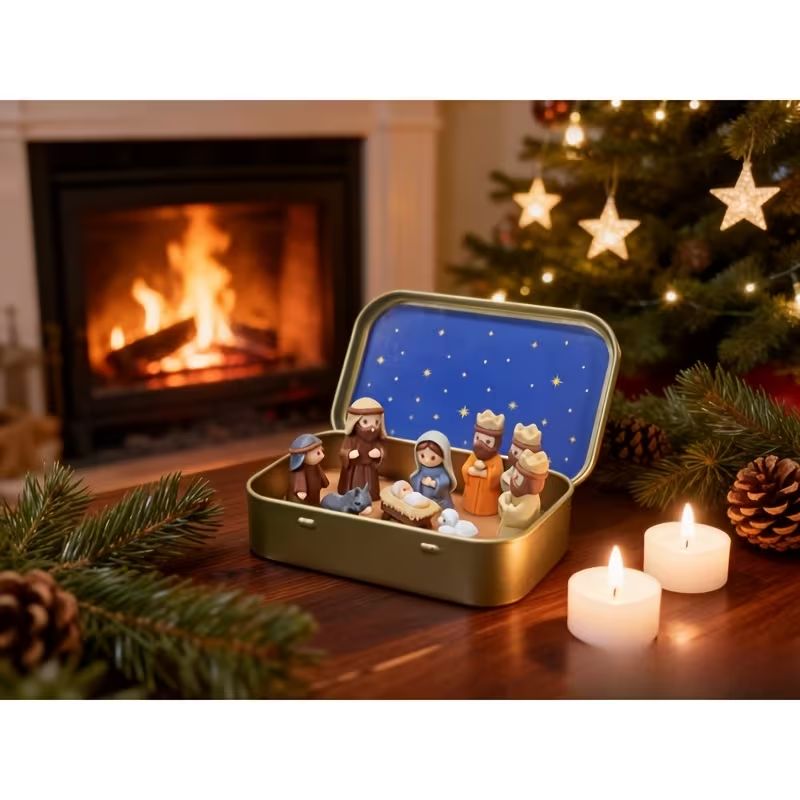 Christmas Nativity Scene Tin Box Ornament, Mini Jesus Birth Figurine Set, Holiday Tabletop Decor, Religious Christmas Gift