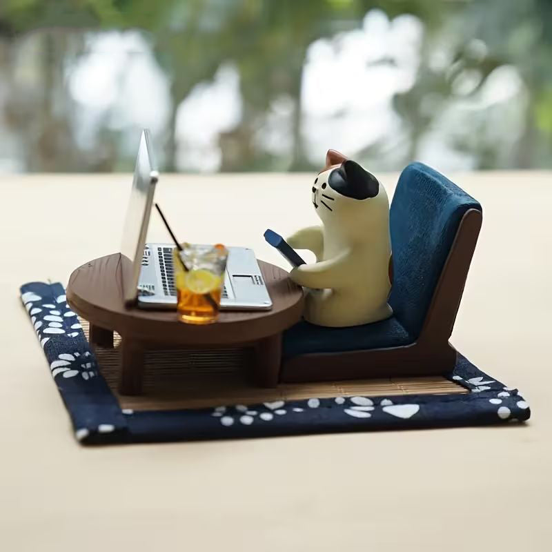 Mini Working Cat Figurine Set, Resin Cat Desk Decor with Laptop Table Chair Mat
