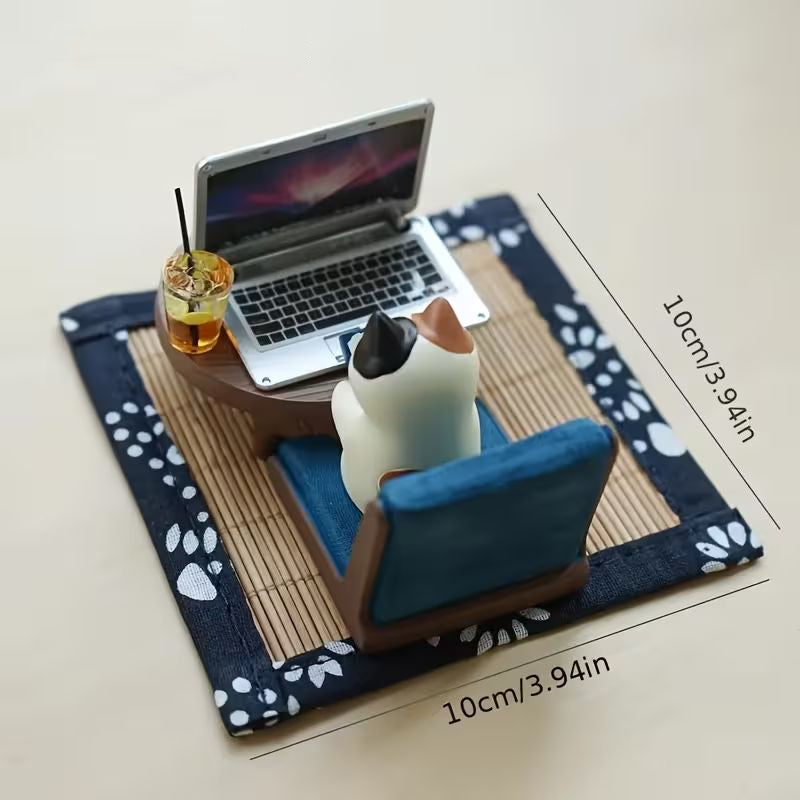Mini Working Cat Figurine Set, Resin Cat Desk Decor with Laptop Table Chair Mat