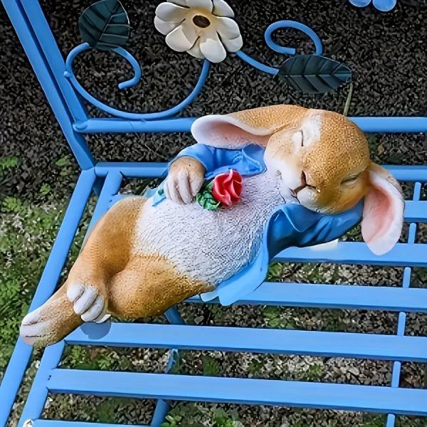 Resin Sleeping Rabbit Garden Statue, Lying Bunny Figurine with Red Rose, Outdoor Yard Lawn Patio Ornament, Home Tabletop Decor Gift