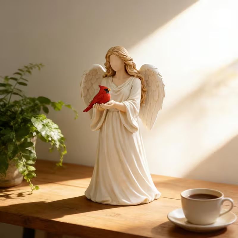 Angel Holding Cardinal Bird Resin Figurine, Memorial Angel Statue Home Bedroom Desktop Decor Ornament Gift