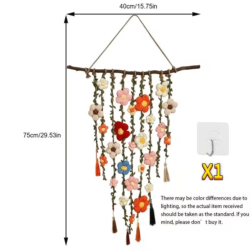 Handmade Boho Floral Macrame Wall Hanging, Dried Flower Tassel Wall Art, Bohemian Home Decor Gift for Bedroom Living Room