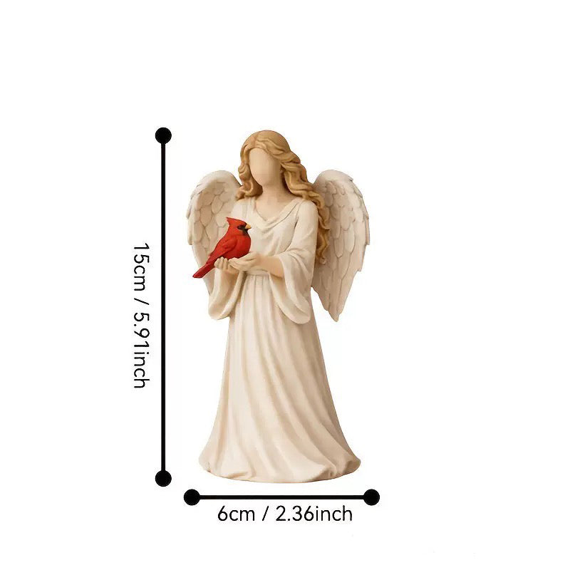 Angel Holding Cardinal Bird Resin Figurine, Memorial Angel Statue Home Bedroom Desktop Decor Ornament Gift