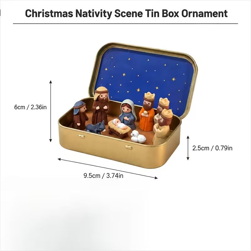 Christmas Nativity Scene Tin Box Ornament, Mini Jesus Birth Figurine Set, Holiday Tabletop Decor, Religious Christmas Gift