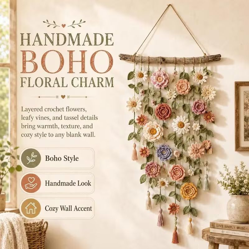 Handmade Boho Floral Macrame Wall Hanging, Dried Flower Tassel Wall Art, Bohemian Home Decor Gift for Bedroom Living Room