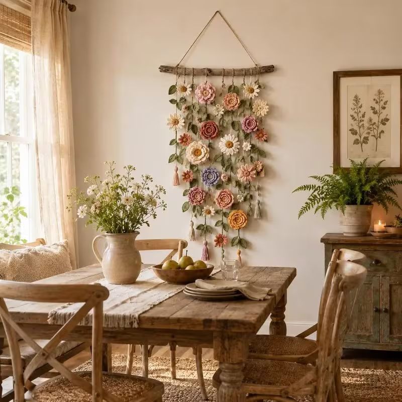 Handmade Boho Floral Macrame Wall Hanging, Dried Flower Tassel Wall Art, Bohemian Home Decor Gift for Bedroom Living Room