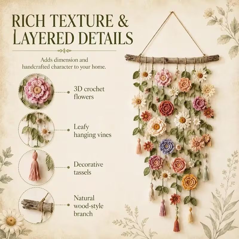 Handmade Boho Floral Macrame Wall Hanging, Dried Flower Tassel Wall Art, Bohemian Home Decor Gift for Bedroom Living Room