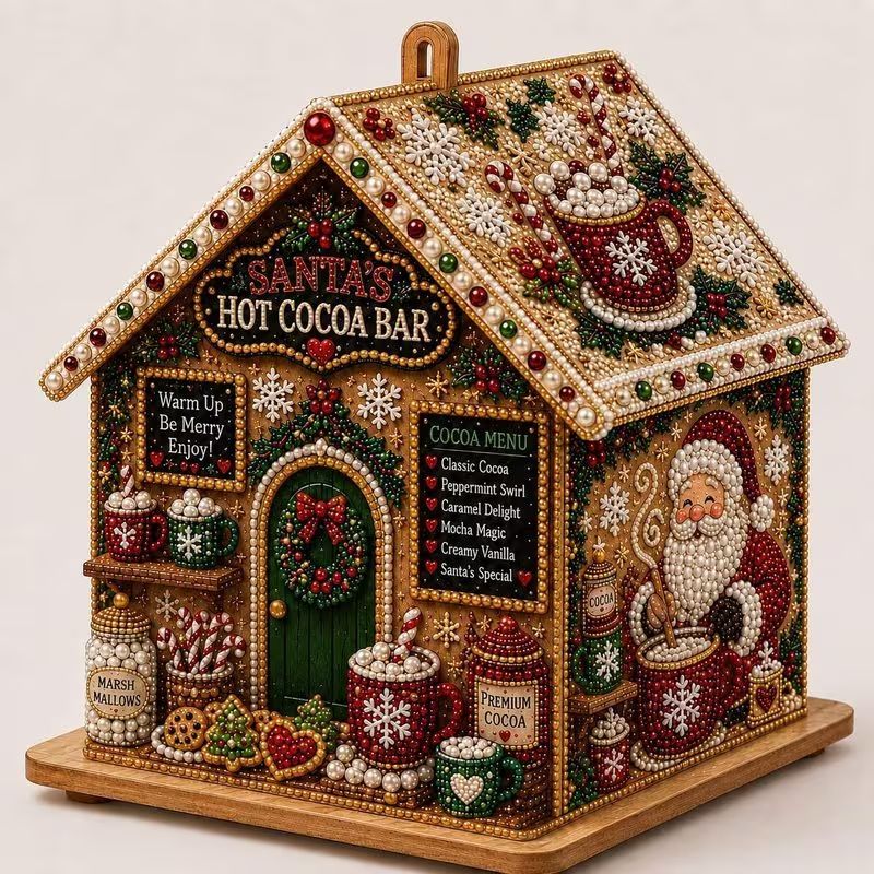 3D Christmas Diamond Painting House Kit, Santa Hot Cocoa Bar DIY Wooden Craft Kit, Tabletop Christmas Decor Ornament Gift