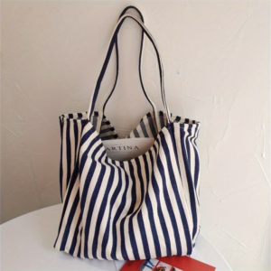 Striped Canvas Tote Bag - Reusable Large Shoulder Bag for Beach, Travel & Daily Use